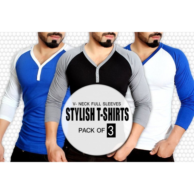 Men's Clothing : Pack Of Three Full Sleeves V-Neck T-Shirt