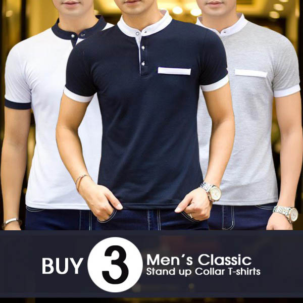T-Shirts : Pack Of 3 Mens Classic Stand Up Collar T Shirts